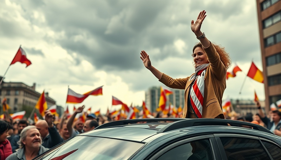 María Corina Machado stands on car waving at rally.
