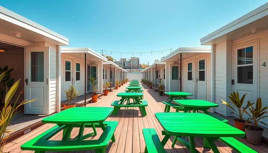 San Francisco tiny homes for the homeless with green tables in courtyard.
