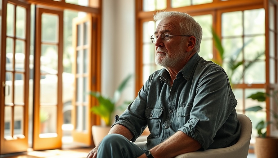 Contemplative older man sitting indoors, bright room with open windows.