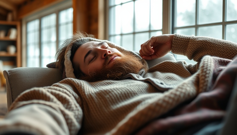 Man asleep on sofa in winter clothes, cozy home environment.