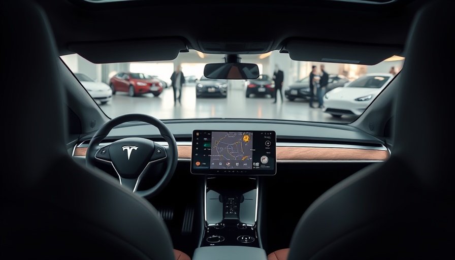 Tesla self-driving interface in car showroom, touchscreen focus.