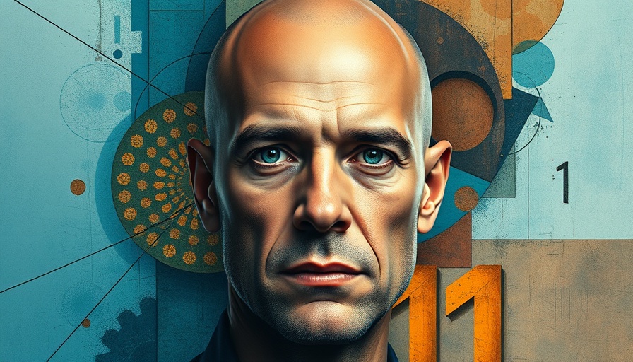 Abstract portrait of a bald man with geometric and textured background.