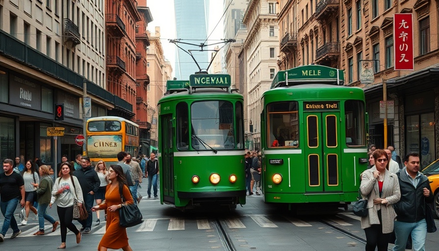 Busy downtown street with vintage tram and pedestrians.