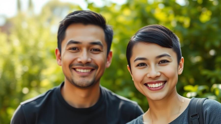 Casual outdoor portraits of smiling individuals and lush greenery