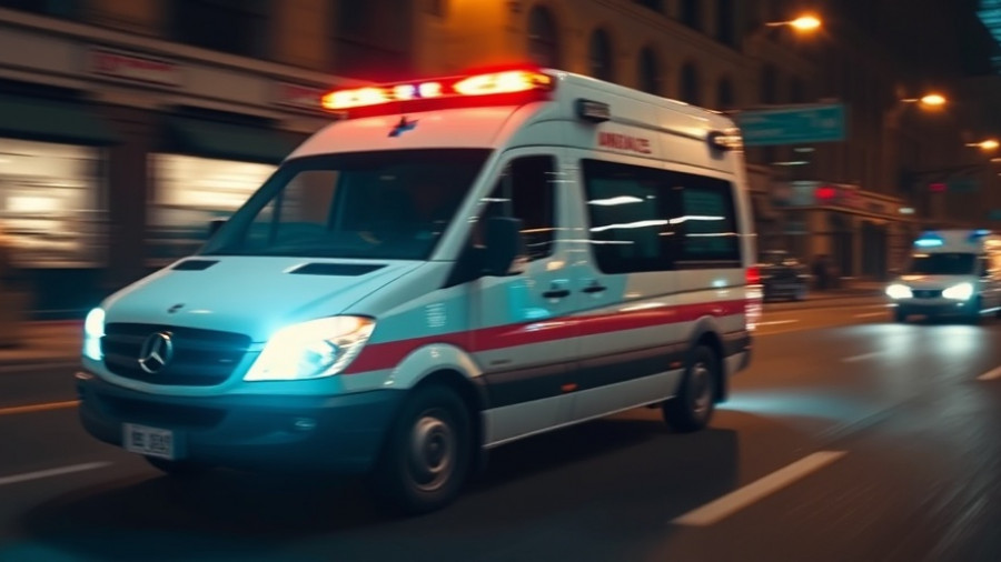 Ambulance speeding at night with emergency lights in city.
