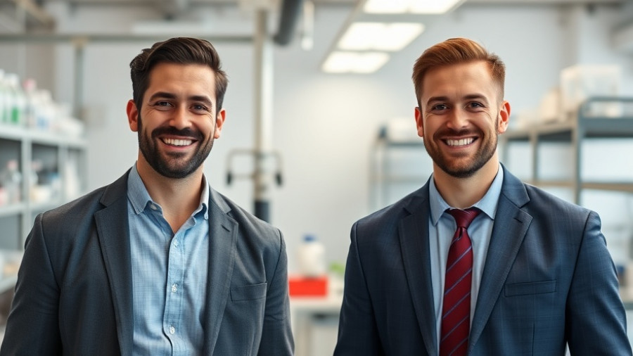 Two businessmen standing in a lab, soft lighting.