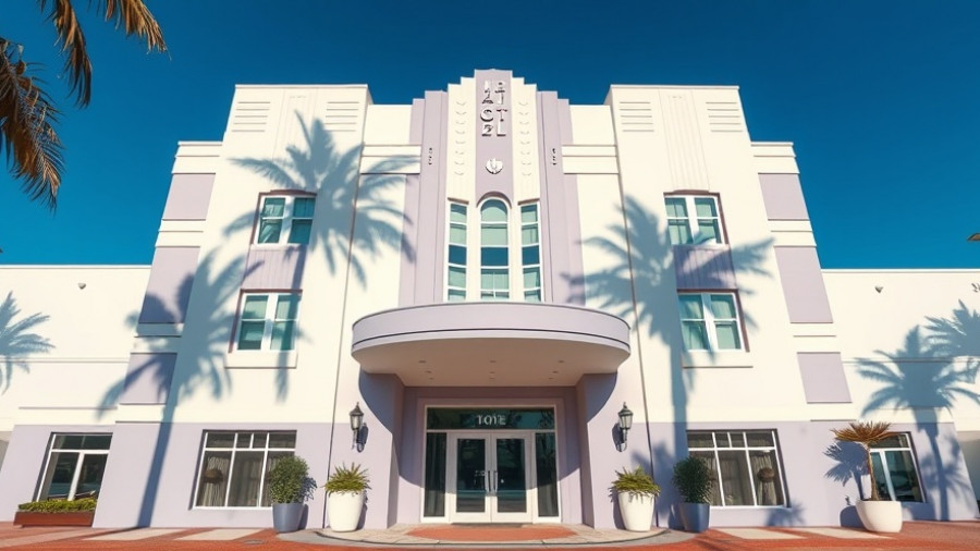 Art Deco luxury boutique hotel entrance with palm shadows