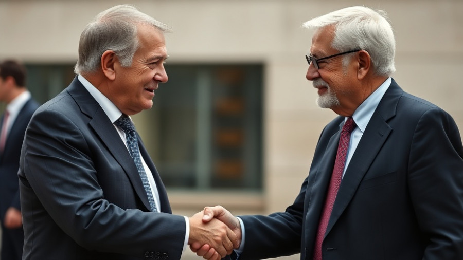 Leaders shaking hands in a diplomatic meeting setting.