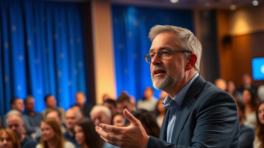 Confident speaker at conference, Salesforce Immigration Force event.