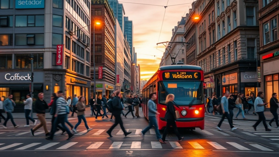 Busy city street with tram and pedestrians, urban evening scene.