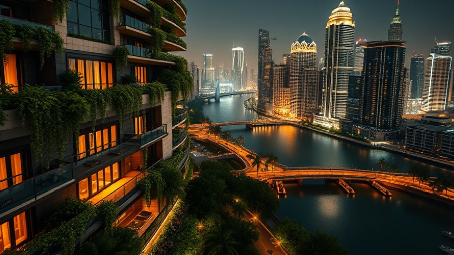 Luxurious urban hotel with greenery and city view at night