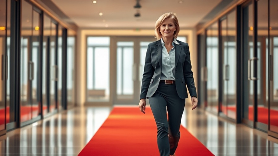 Sanae Takaichi in business attire on a red carpet, office setting.
