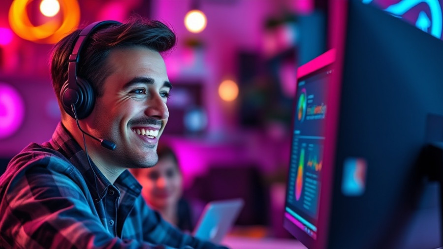 Man viewing a GoFundMe charity page with smiling engagement.
