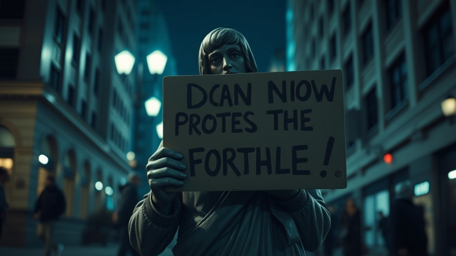 No Kings Day protests - statue figure with protest sign in urban setting.