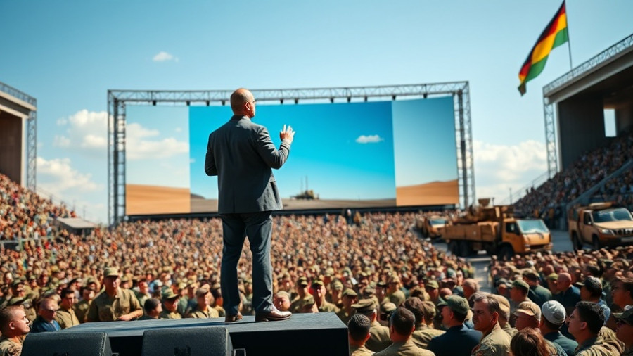 Military gathering with man on stage and large screen, discussing Trump-related agenda.