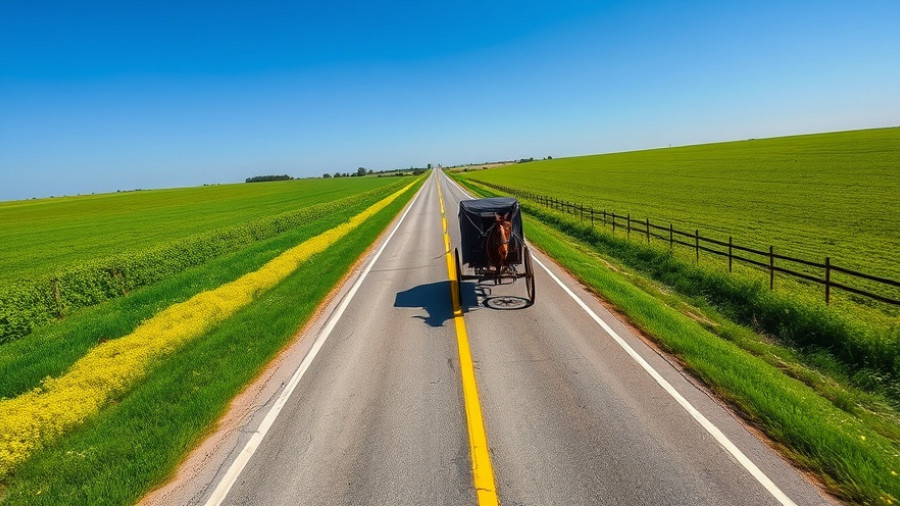 Amish buggy on a rural road from above.