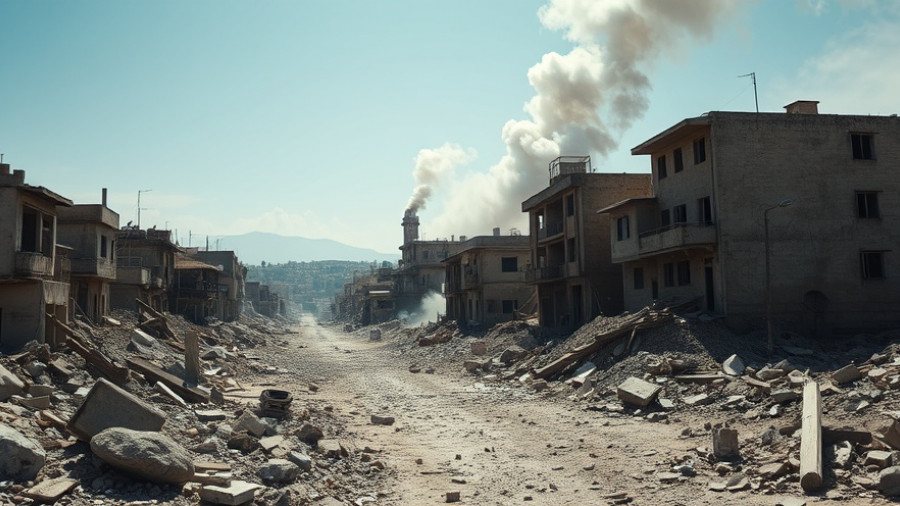 Destruction in Gaza after Israel strikes, debris and smoke fill the cityscape.