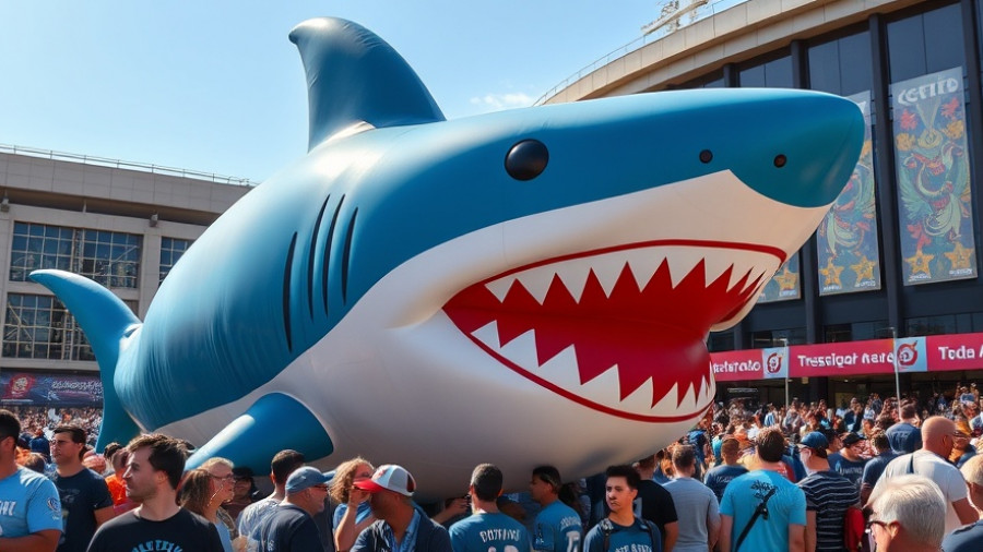 Fans gather outside San Jose Sharks stadium with large inflatable shark.