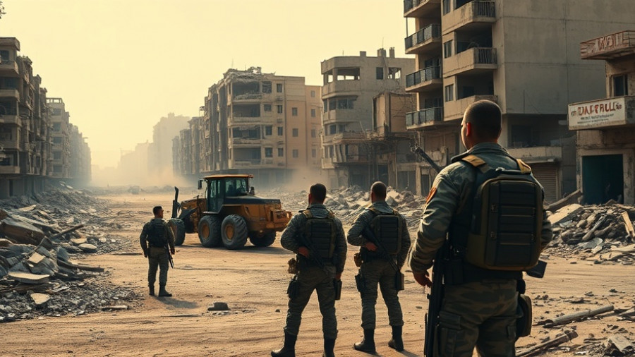 Desolate urban devastation with bulldozer clearing rubble amidst conflict aftermath.