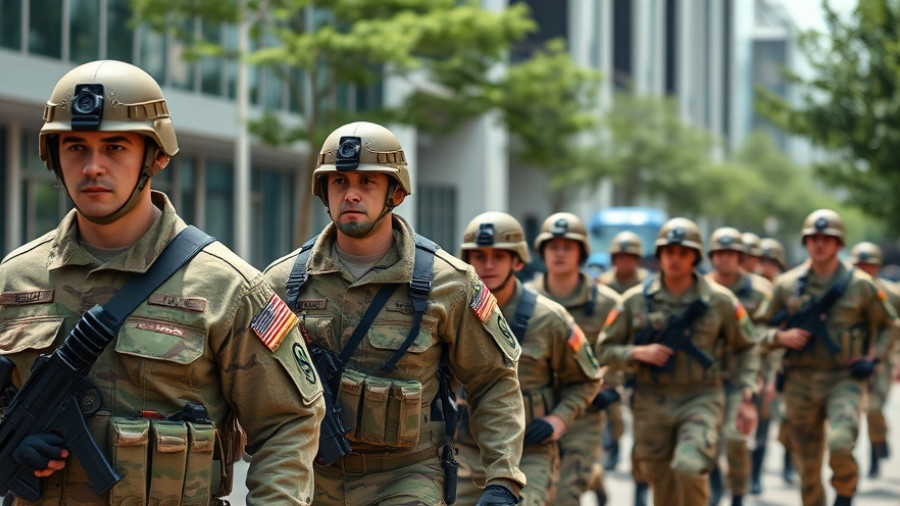 National Guard soldiers in San Francisco cityscape, walking in unison.