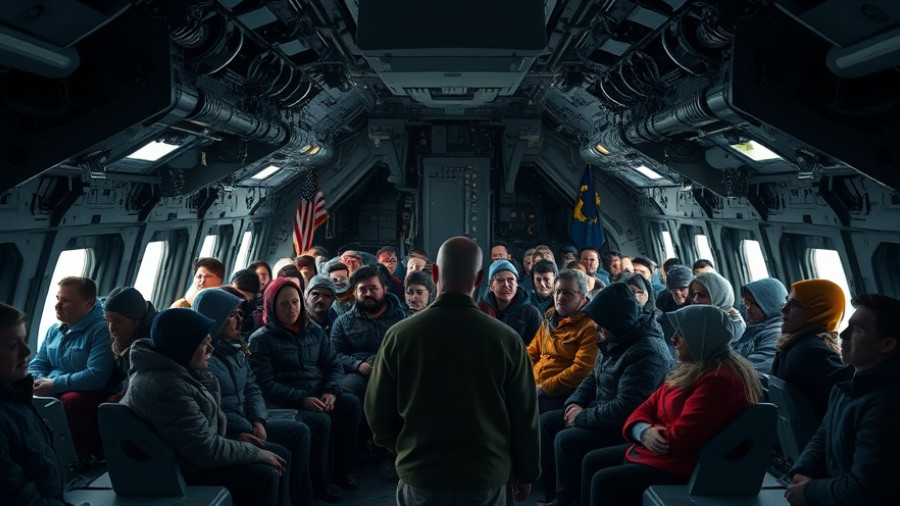 Alaskan evacuees receiving briefing inside military aircraft after Typhoon Halong