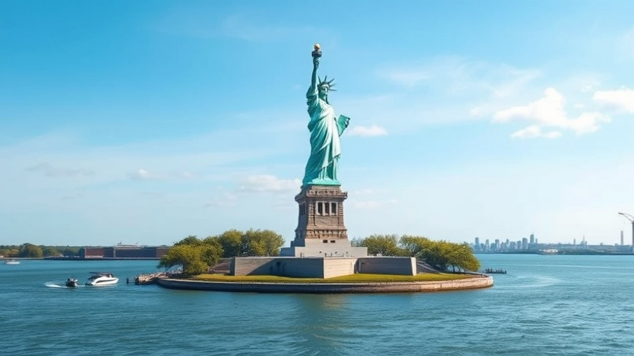 Majestic Statue of Liberty with serene sky and water, symbol of New York City.
