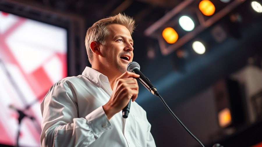 Man addressing a crowd on stage at a San Francisco event, discussing drug crisis response.