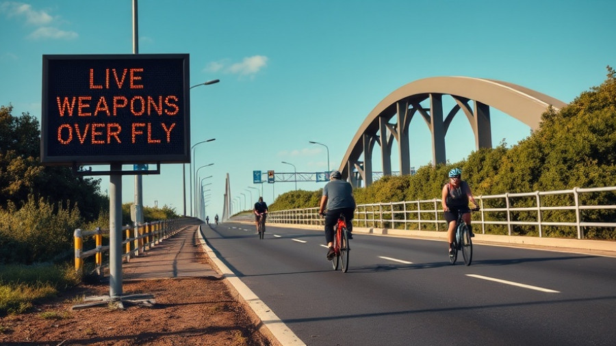 Roadside electronic sign warns about live weapons, military display safety incident.