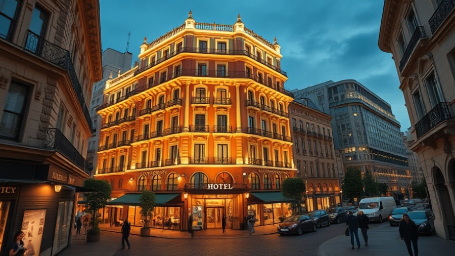 Luxurious boutique hotel building in evening cityscape