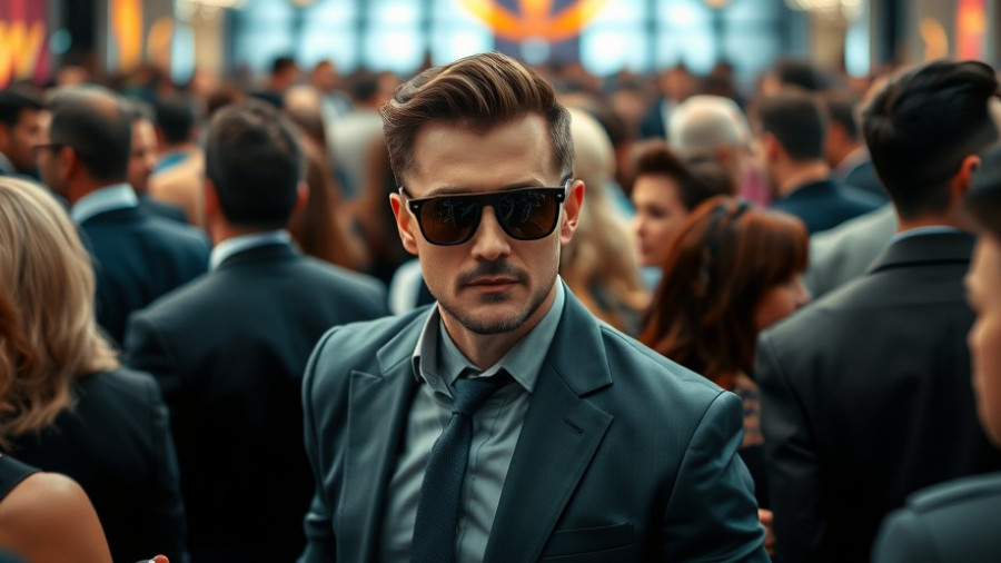 Elegant man at a crowded formal event, wearing sunglasses.