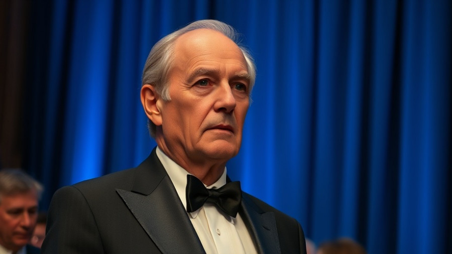 Older man in tuxedo at event, thoughtful expression.