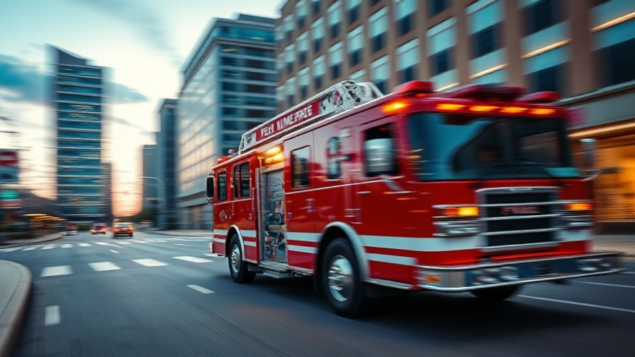 Fire truck speeding to East Oakland warehouse fire in twilight.