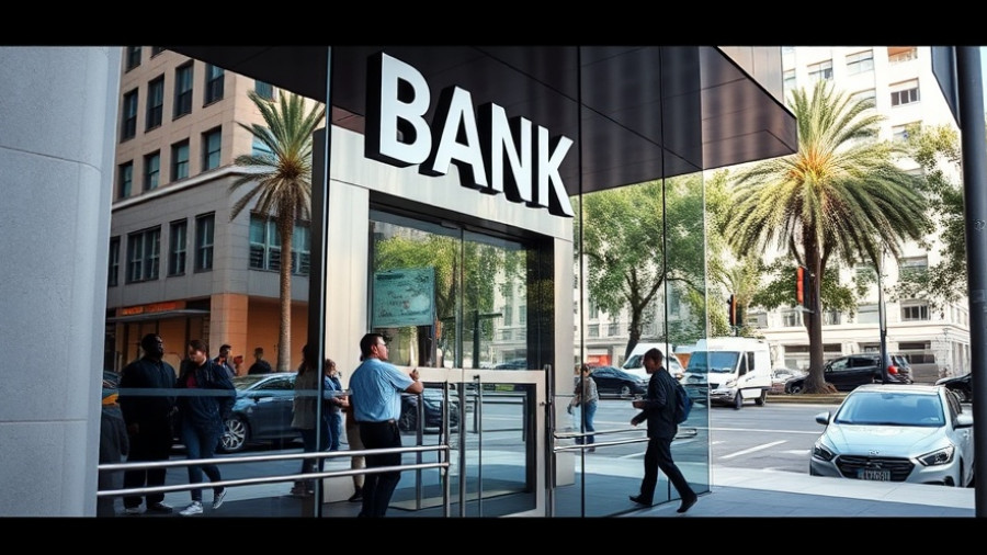 Modern bank entrance reflecting urban surroundings, private credit risks.