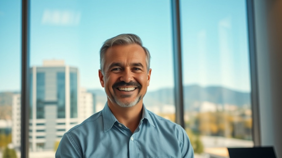 Middle-aged man in office with corporate building view, related to Alector layoffs dementia drug failure