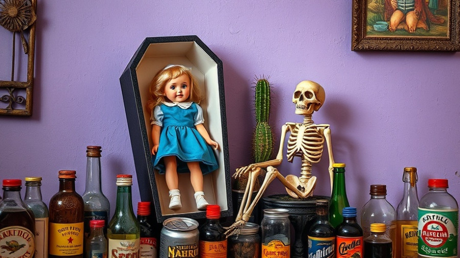 San Francisco No Kings Protests themed eclectic display with doll and skeleton.