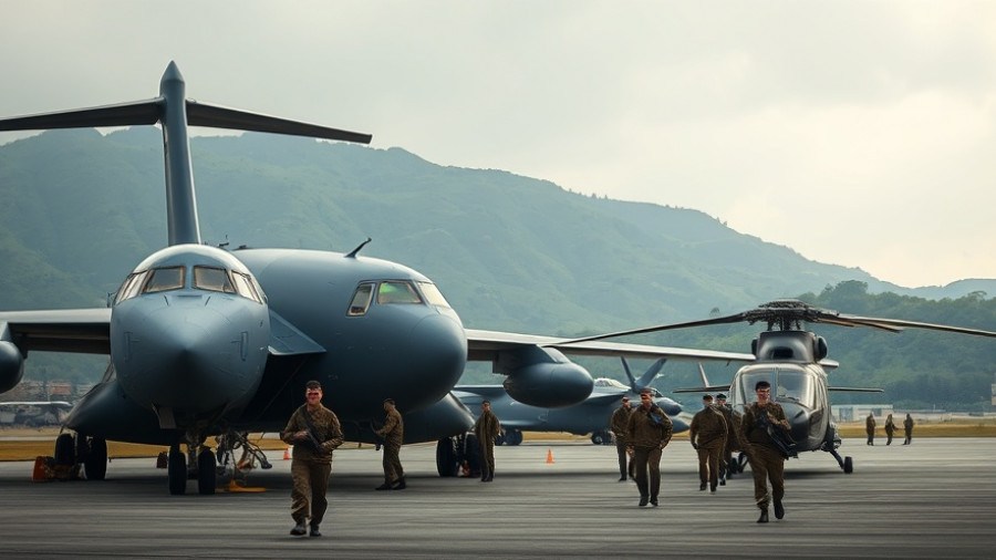 Military aircraft and helicopter on airfield near green hills, Ecuador context.