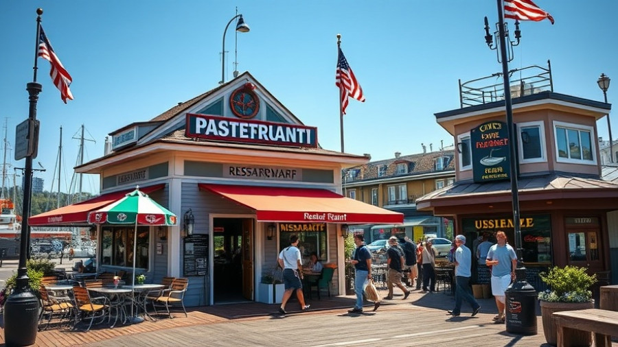 Exterior of charming restaurant at Fisherman's Wharf on a sunny day.