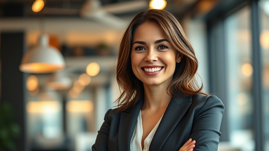 Professional woman smiling confidently in an office setting.