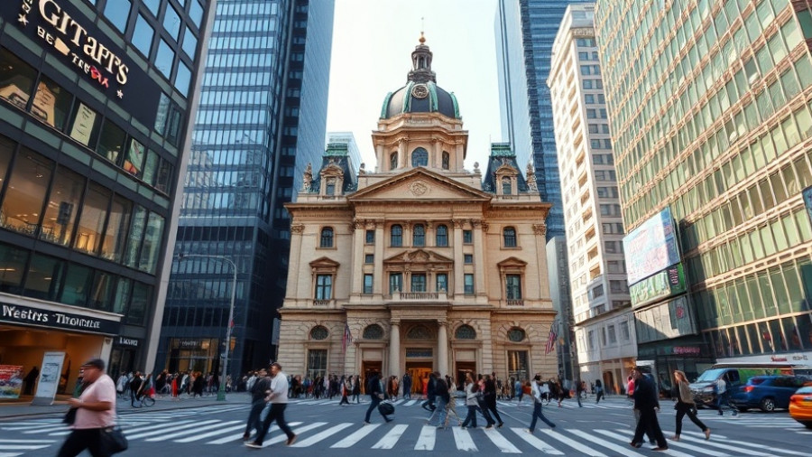 Historic building on a busy city street with pedestrians and traffic.