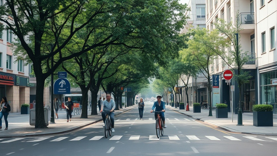 Urban street with cyclists and pedestrians under clear sky.