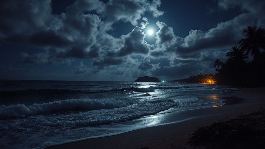 Dramatic night scene on a Trinidad beach with palm trees.