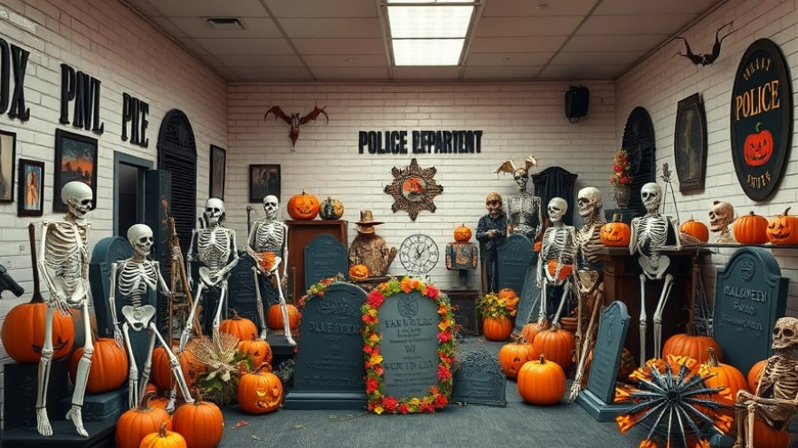 Halloween decoration theft El Cerrito scene with skeletons and pumpkins in police department.