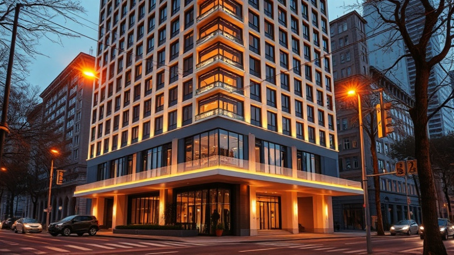 Evening view of a luxury boutique hotel with warm lights.