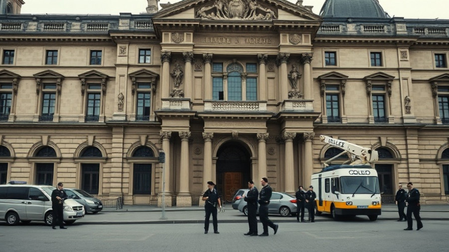 Police investigating a crime scene at the Louvre Museum.
