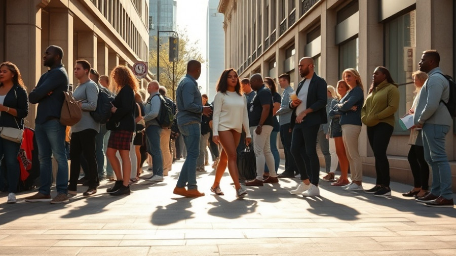 Line of people casting shadows on sidewalk during government shutdown.