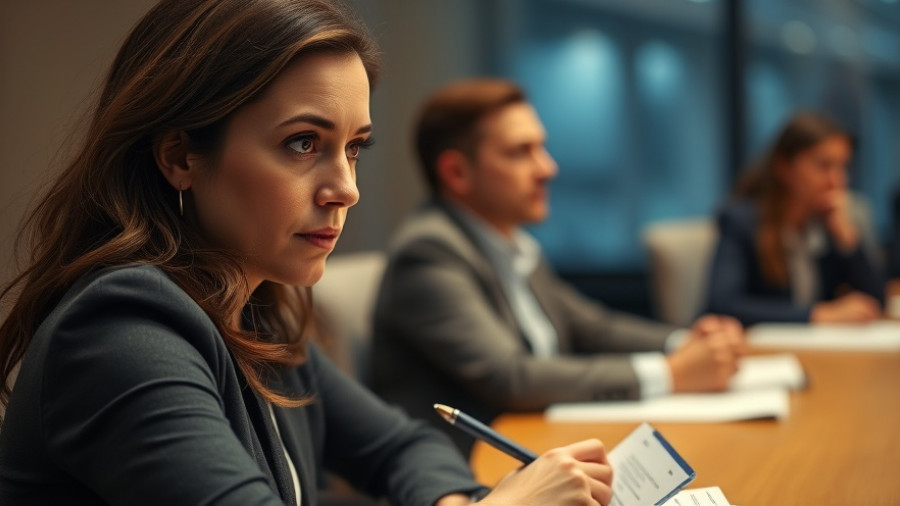 Focused woman during meeting, Letitia James court appearance, dim lighting.
