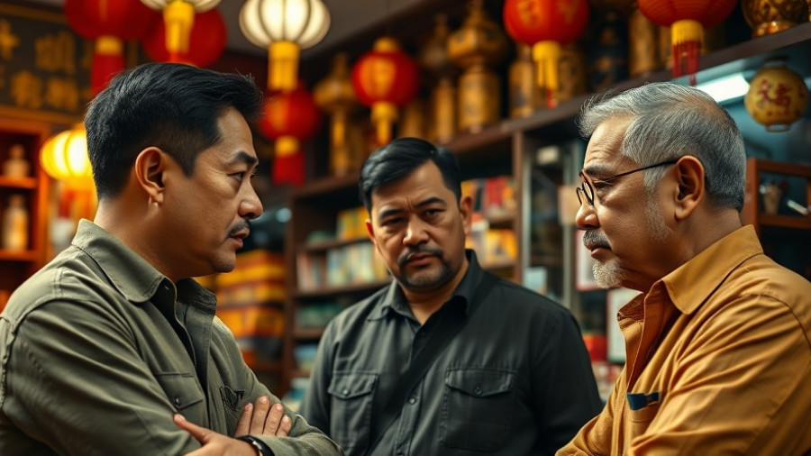 Three men in Chinatown store discussing documents amid cultural decor.