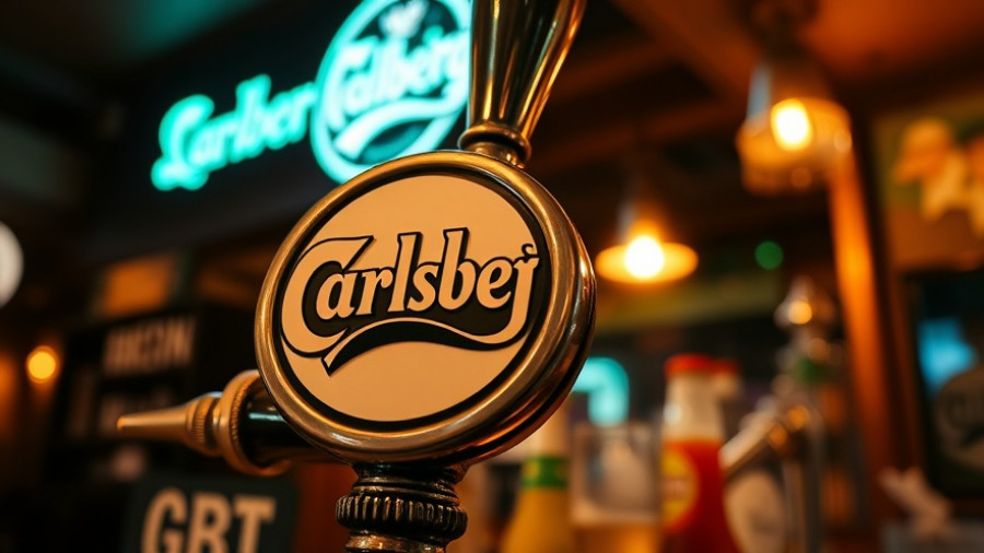 Carlsberg beer tap in a vibrant bar setting.
