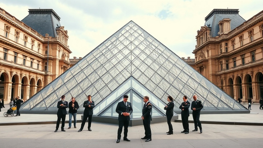 Louvre entrance with security, discussing potential jewelry heist arrests.