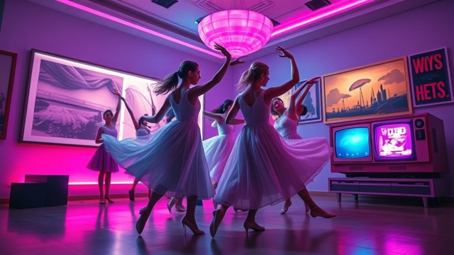 Art exhibit opening San Francisco with dancers under vibrant lights.